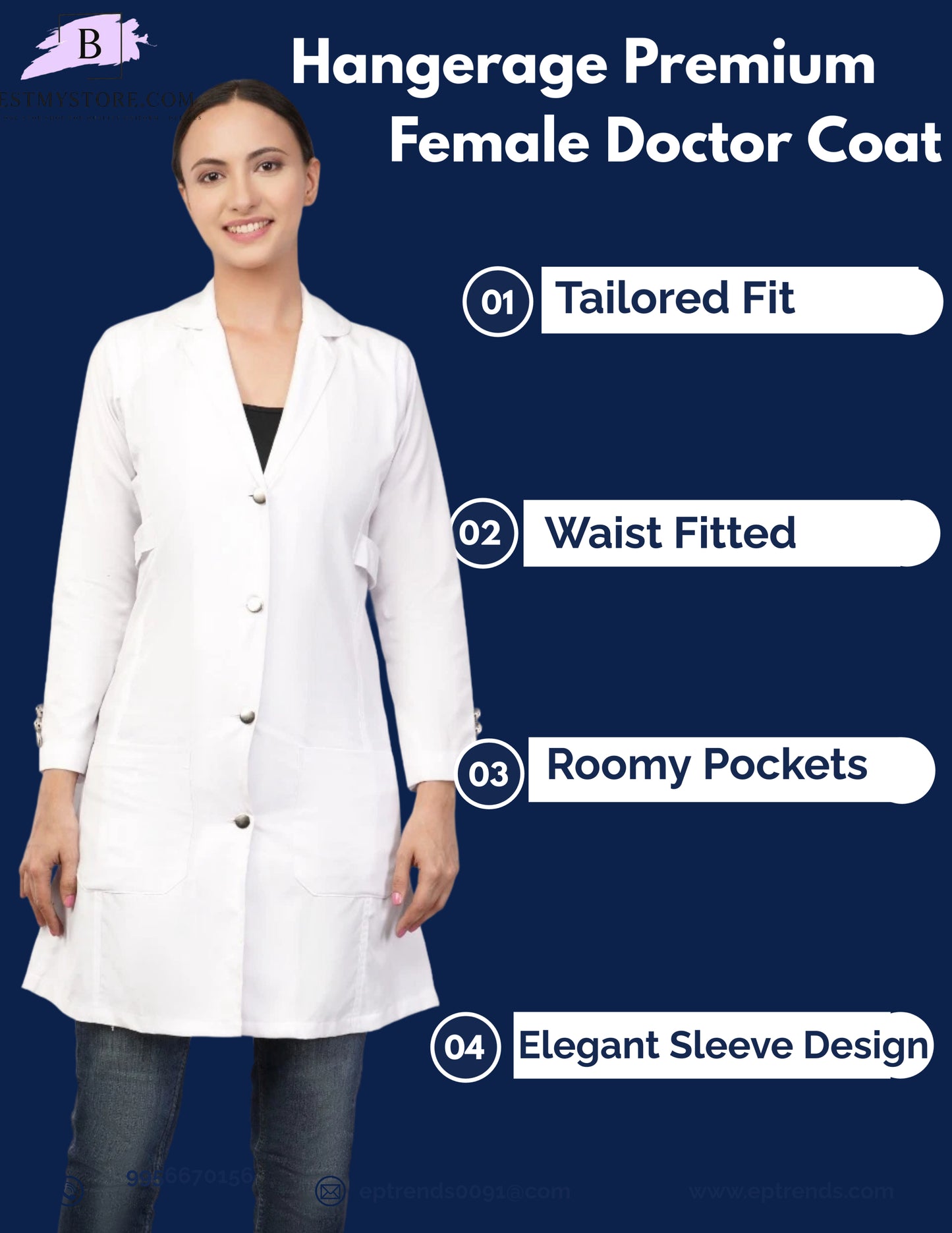 Hangerage Female Doctor Coat | Unisex | Stylish, Comfortable | Full Sleeves | Ideal For Health care Professionals | Sizes XS - 2XL