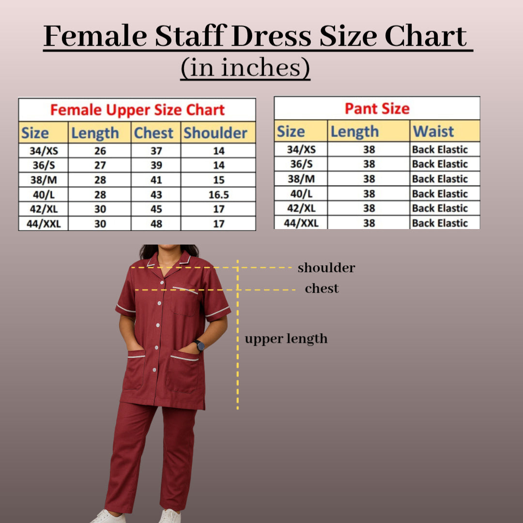 Women's Staff Uniform | White & Red Color | Polycotton | Tunic Set | Size (XS-2XL)