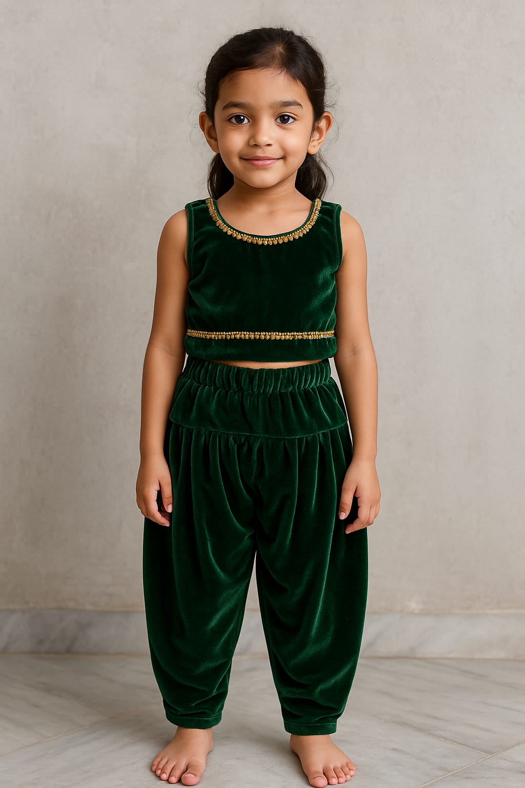 Grogoo-lifestyle Girls' Green Velvet Ethnic Costume – School Function Wear