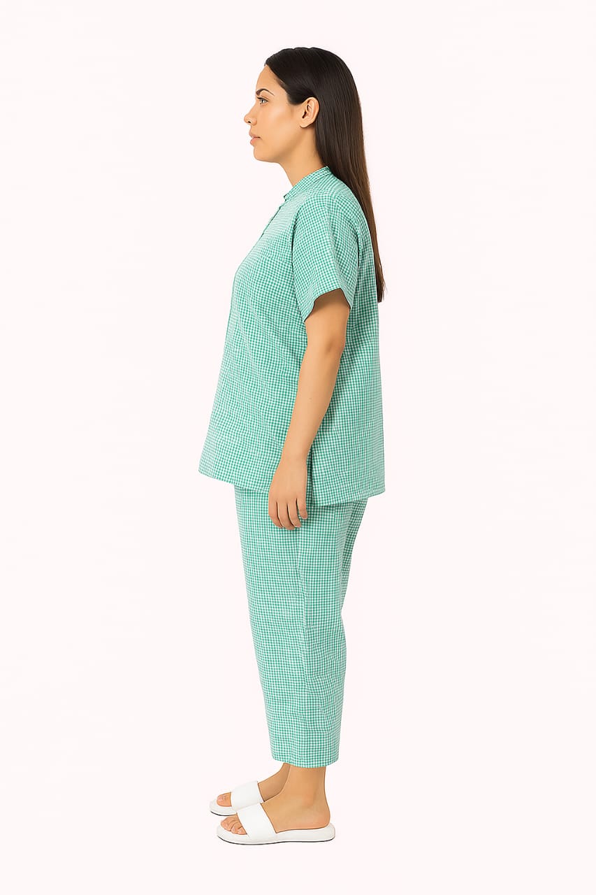 Hangerage Patient Kurta Pajama Set | Green Checkered Cotton | V-Neck Front Open | Free Size