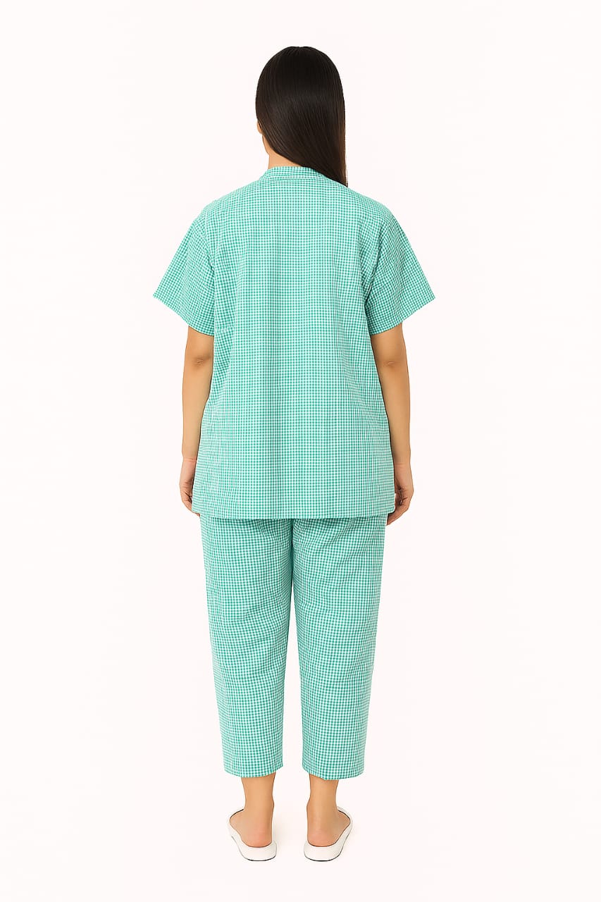 Hangerage Patient Kurta Pajama Set | Green Checkered Cotton | V-Neck Front Open | Free Size