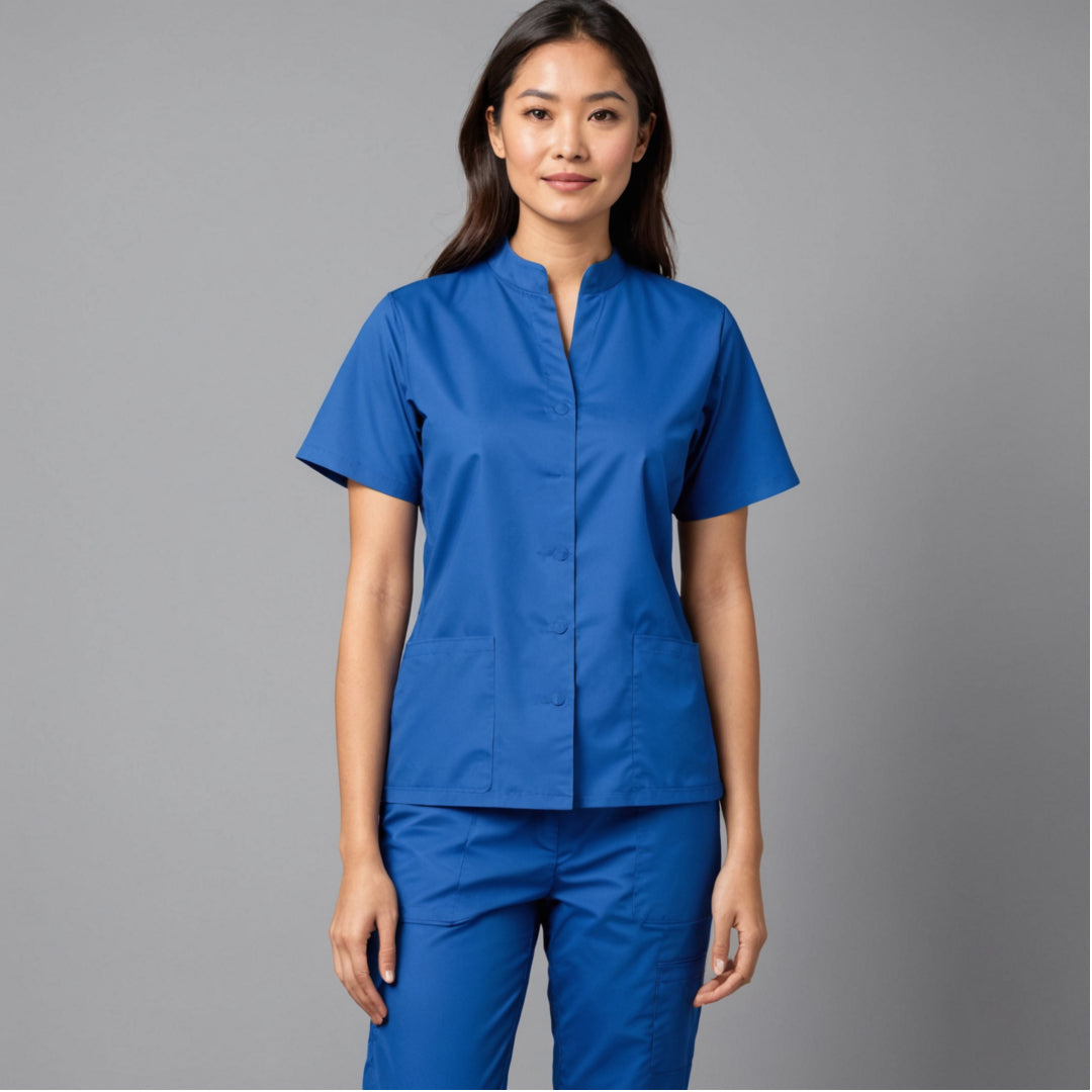 Female Scrub Suit | Mandarian Collar | Front Open | Lilac Color | Stylish, Comfortable | Ideal For Health care Professionals | Sizes XS - 2XL