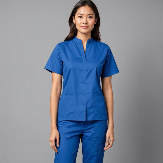 Female Scrub Suit | Mandarian Collar | Front Open | Royal Blue Color | Stylish, Comfortable | Ideal For Health care Professionals | Sizes XS - 2XL