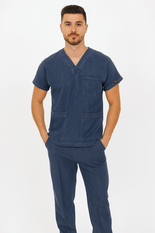 Premium Male Denim Scrub Set | V-Neck Top with 3-Pockets | Ideal for doctors, dentists, vets, nurses & healthcare professionals