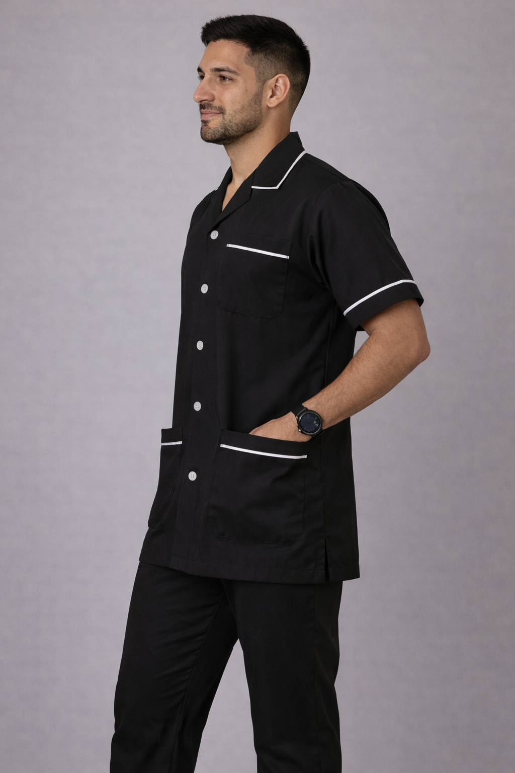 Male Staff Dress || Polycotton, Stylish, Comfortable | Half Sleeves | Uniform For Healthcare Professionals | Color (Black) Sizes S - 2XL