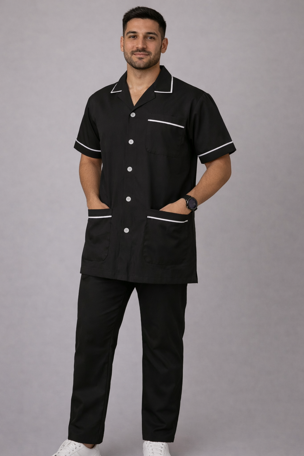 Male Staff Dress || Polycotton, Stylish, Comfortable | Half Sleeves | Uniform For Healthcare Professionals | Color (Black) Sizes S - 2XL