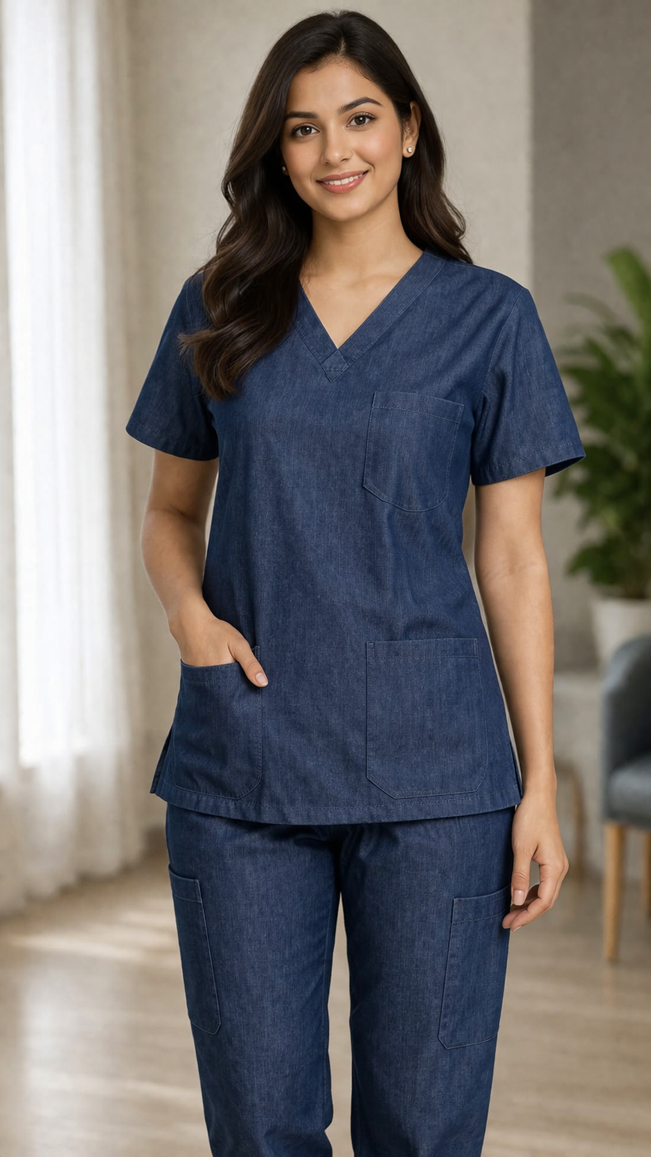 Premium Female Denim Scrub Set | V-Neck Top with 3-Pockets | Ideal for doctors, dentists, vets, nurses & healthcare professionals