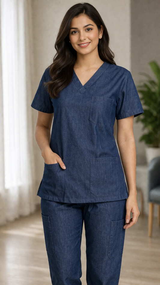 Premium Female Denim Scrub Set | V-Neck Top with 3-Pockets | Ideal for doctors, dentists, vets, nurses & healthcare professionals