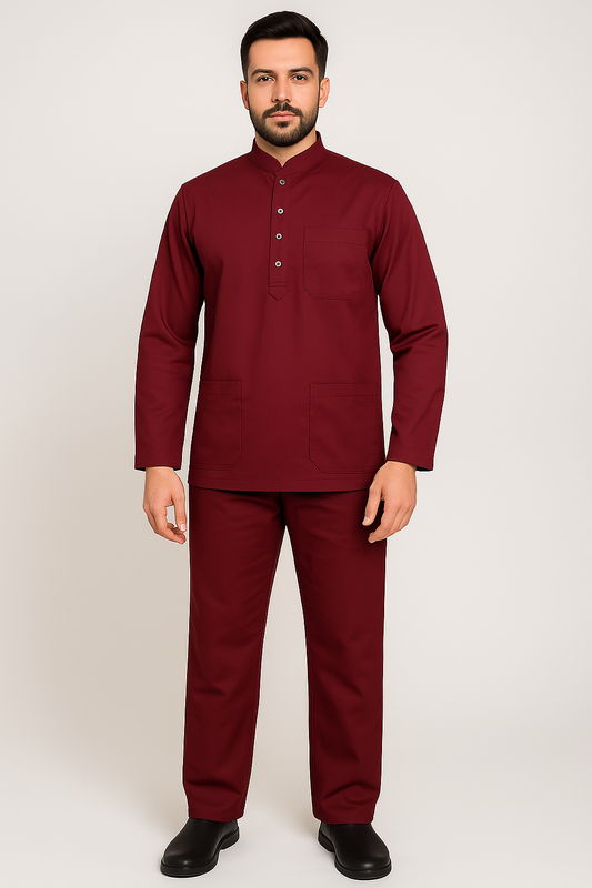 Premium Male Maroon Full Sleeve Scrub Set | Doctor & Medical Uniform for Men | Hospital & Clinic Wear