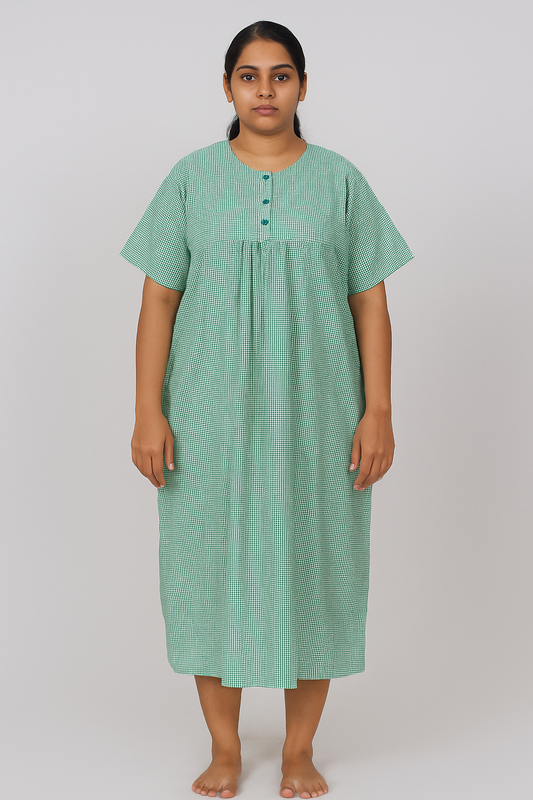 Hangerage Patient Gown (Maxi) | Green Checkered Cotton | Free Size
