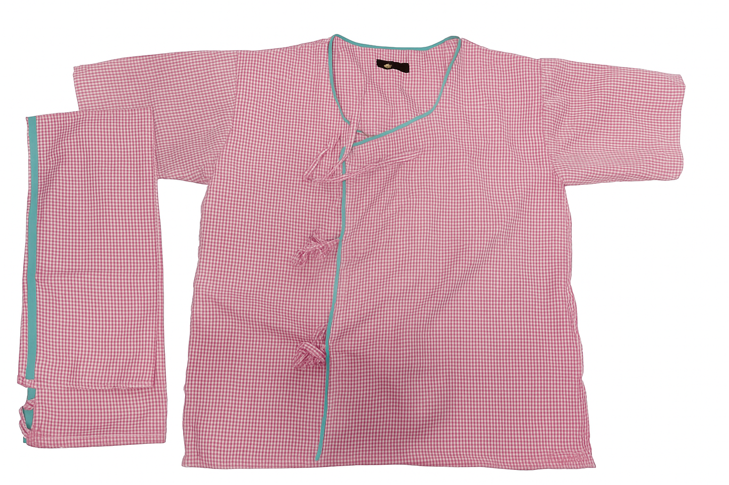 Hangerage Hospital Patient Kurta Pajama Set | Pink Checkered Cotton | V-Neck with Tie-Up | Front Open | Free Size
