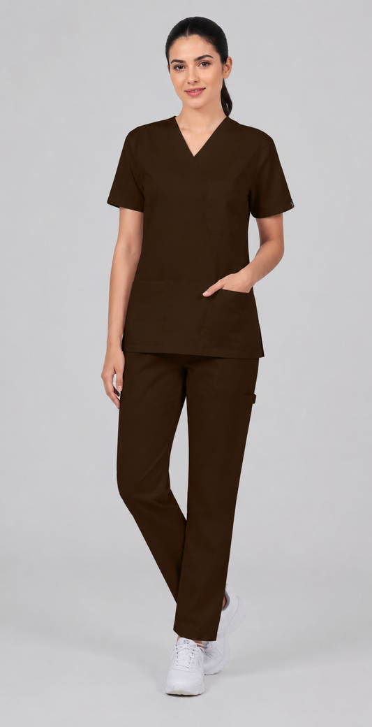 Premium Female Scrub Suits | V Neck | Polycotton, Stylish, Comfortable | Half Sleeves | Ideal For Health care Professionals | Color (Brown) Sizes XS-2XL