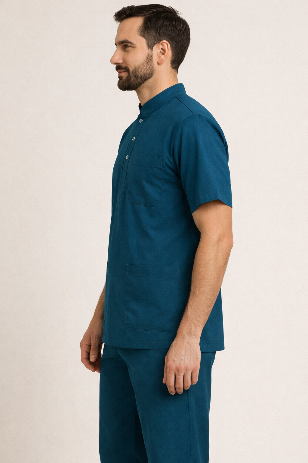 Premium Male Scrub Set | Mandarian Collar | Half Sleeves | Ideal For Health Care Professional | Color (Teel Blue) | Sizes (S-2XL)