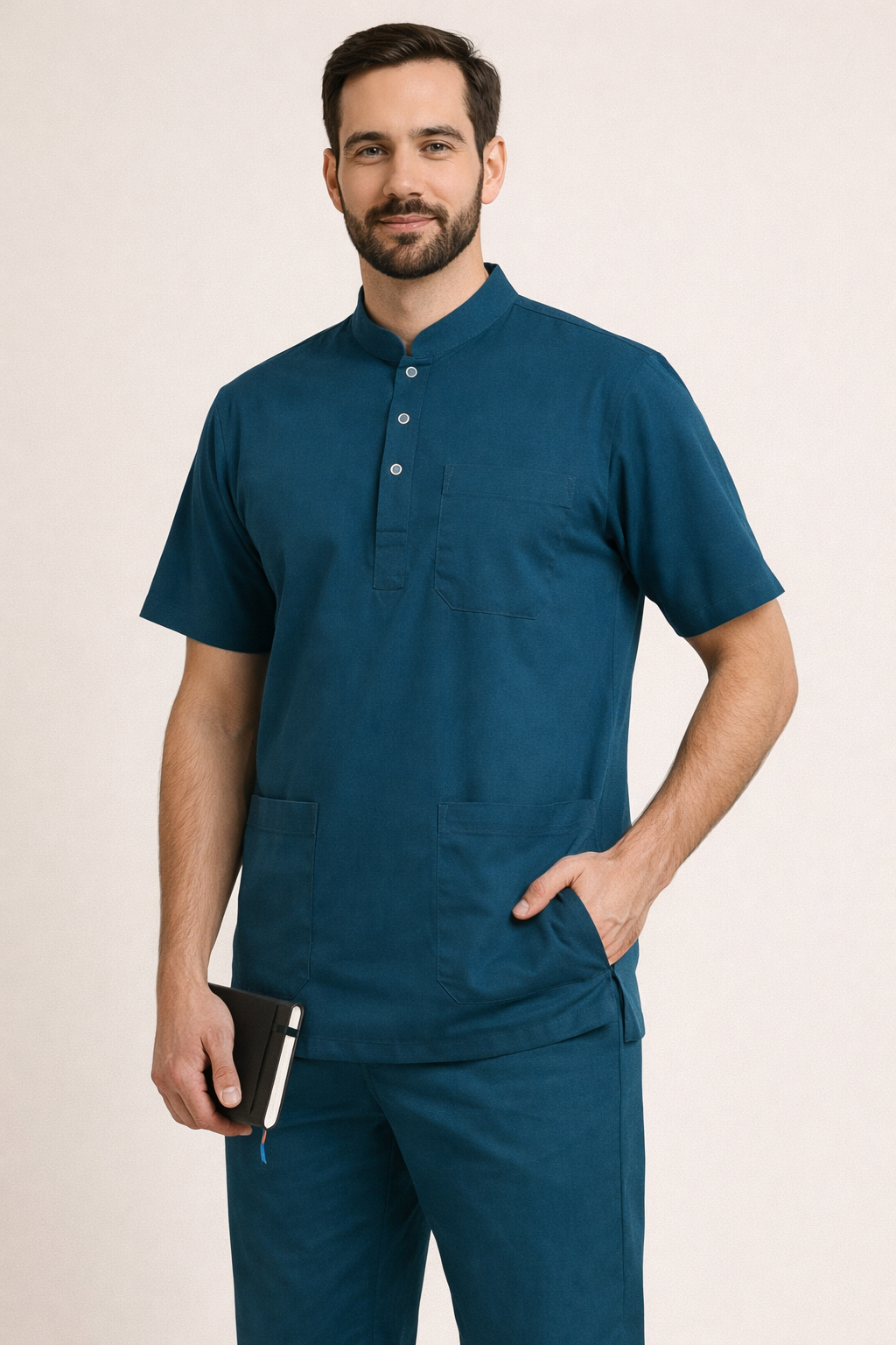 Premium Male Scrub Set | Mandarian Collar | Half Sleeves | Ideal For Health Care Professional | Color (Teel Blue) | Sizes (S-2XL)