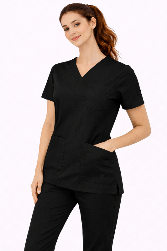Premium Female Scrub Suits | V Neck | Polycotton, Stylish, Comfortable | Half Sleeves | Ideal For Health care Professionals | Color (Black) Sizes XS-2XL