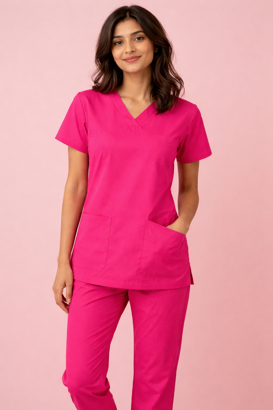 Premium Female Scrub Suits | V Neck | Polycotton, Stylish, Comfortable | Half Sleeves | Ideal For Health care Professionals | Color (Fuchsia Pink) Sizes XS-2XL