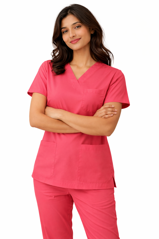 Premium Female Scrub Suits | V Neck | Polycotton, Stylish, Comfortable | Half Sleeves | Ideal For Health care Professionals | Color (Coral Pink) Sizes XS-2XL