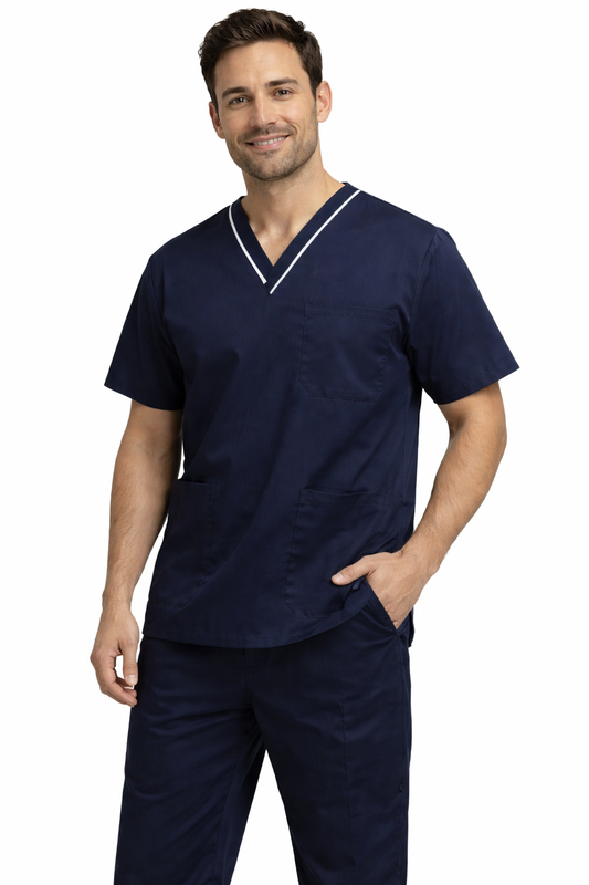 Premium Male Scrub Suits | Style with White Pipine |  Polycotton, Stylish, Comfortable | Half Sleeves| Ideal For Health care Professionals | Color (Navy Blue) Sizes S-2XL