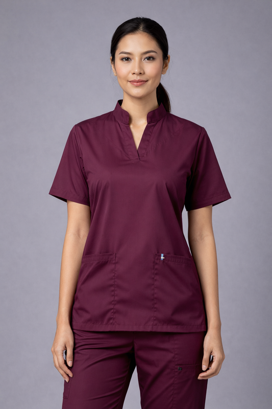 Premium Female Scrub Suit | Mandarian Collar | Wine Color | Stylish, Comfortable | Ideal For Health care Professionals | Sizes XS- 2XL