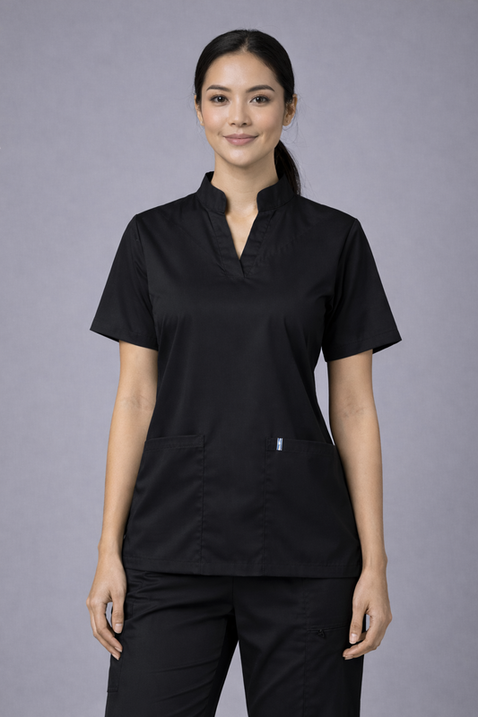 Premium Female Scrub Suit | Mandarian Collar | Black Color | Stylish, Comfortable | Ideal For Health care Professionals | Sizes XS- 2XL