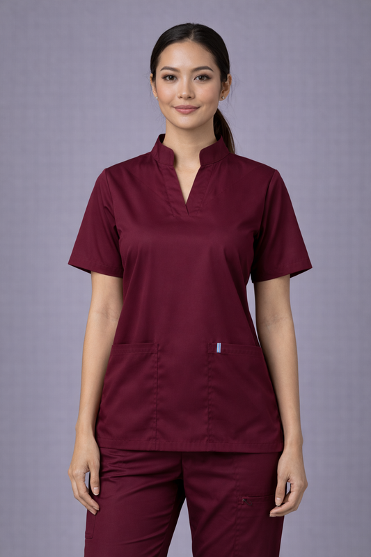 Premium Female Scrub Suit | Mandarian Collar | Maroon  Color | Stylish, Comfortable | Ideal For Health care Professionals | Sizes XS- 2XL
