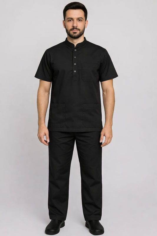 Premium Male Scrub Suit | Mandarian Collar | Black Color | Stylish, Comfortable | Ideal For Health care Professionals | Sizes S- 2XL