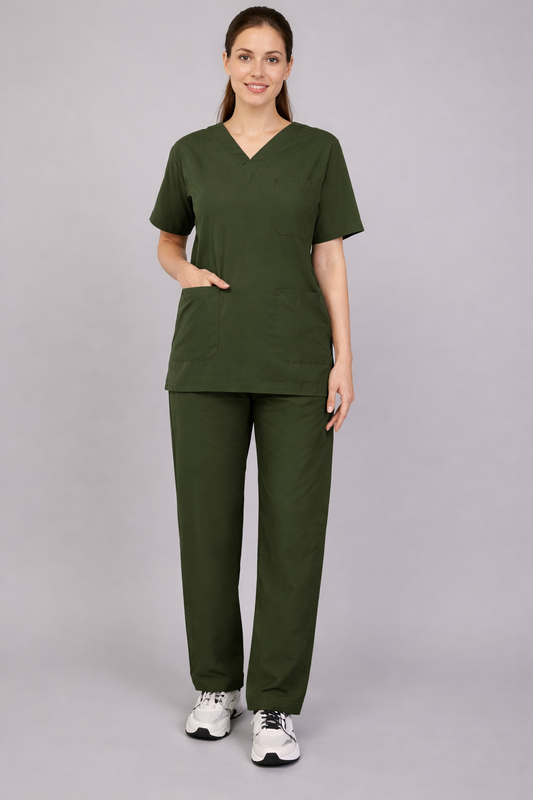Premium Female Scrub Suits | V Neck | Polycotton, Stylish, Comfortable | Half Sleeves| Ideal For Health care Professionals | Color (Olive Green) Sizes XS-2XL