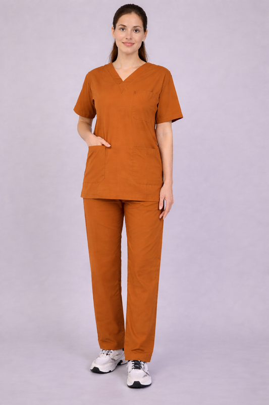 Premium Female Scrub Suits | V neck | Polycotton, Stylish, Comfortable | Half Sleeves| Ideal For Health care Professionals | Color (Rust) Sizes XS-2XL