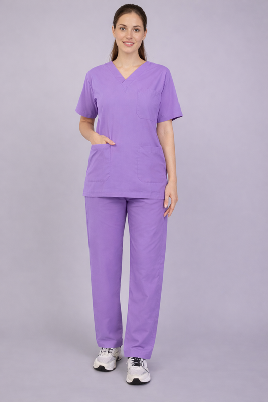 Premium Female Scrub Suits | V Neck | Polycotton, Stylish, Comfortable | Half Sleeves | Ideal For Health care Professionals | Color (Lilac) Sizes XS-2XL