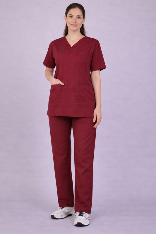 Premium Female Scrub Suits | V Neck | Polycotton, Stylish, Comfortable | Half Sleeves | Ideal For Health care Professionals | Color (Maroon) Sizes XS-2XL