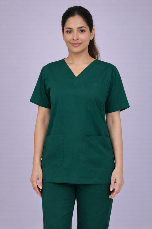 Premium Female Scrub Suits | V neck | Polycotton, Stylish, Comfortable | Half Sleeves | Ideal For Health care Professionals | Color (Bottle Green) Sizes XS-2XL