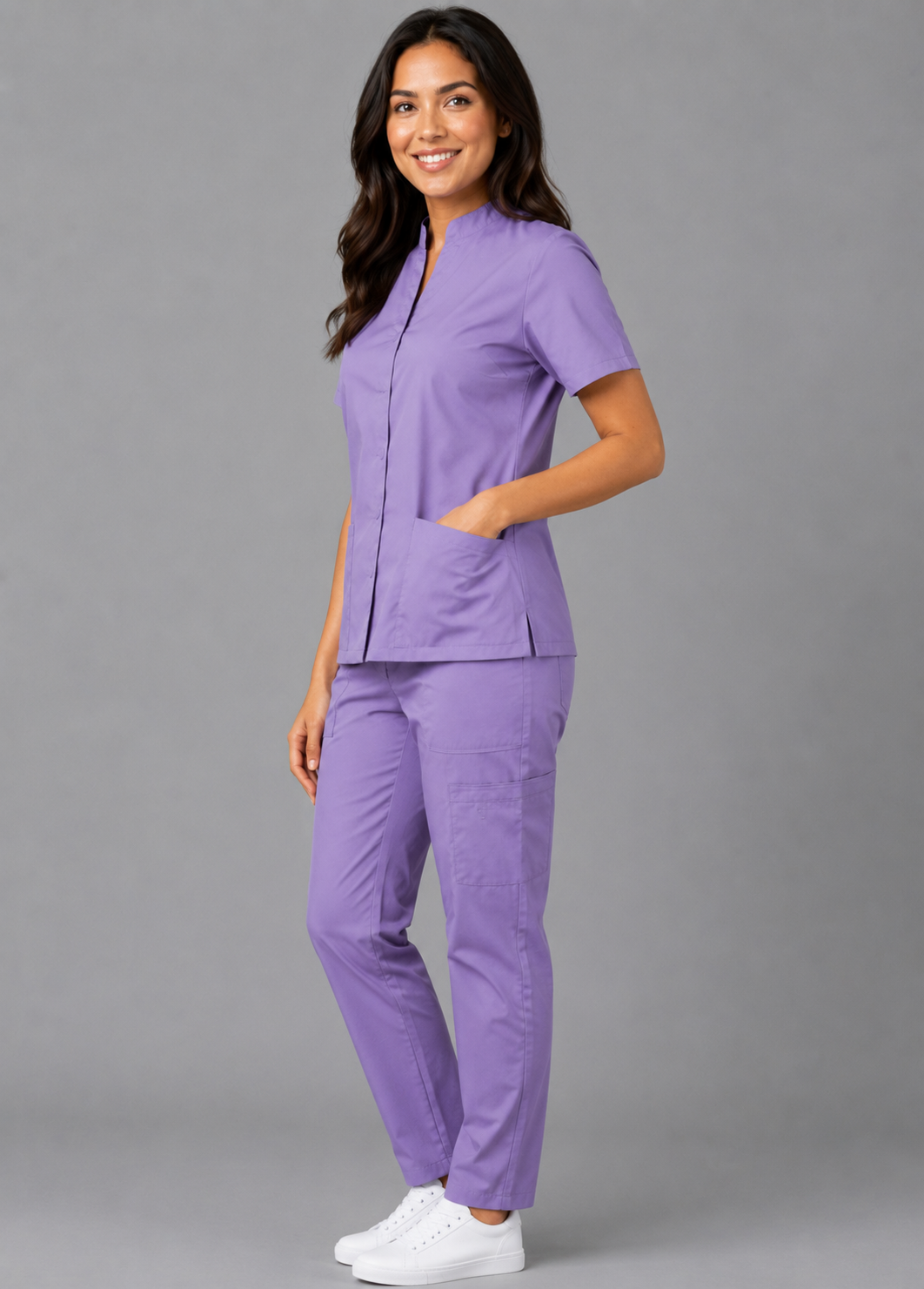 Female Scrub Suit | Mandarian Collar | Front Open | Lilac Color | Stylish, Comfortable | Ideal For Health care Professionals | Sizes XS - 2XL
