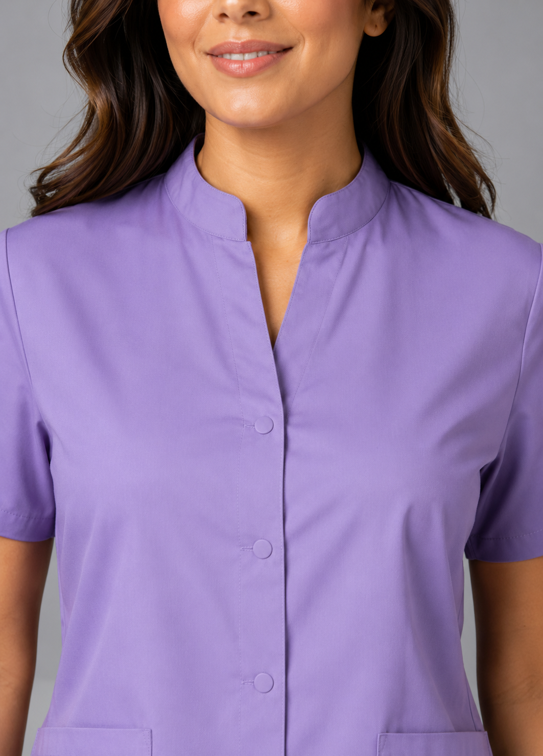 Female Scrub Suit | Mandarian Collar | Front Open | Lilac Color | Stylish, Comfortable | Ideal For Health care Professionals | Sizes XS - 2XL
