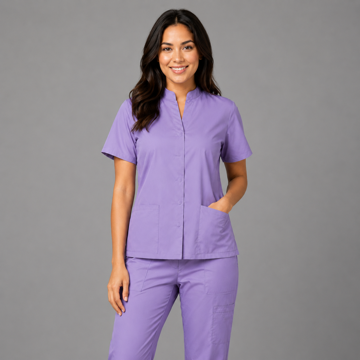 Female Scrub Suit | Mandarian Collar | Front Open | Lilac Color | Stylish, Comfortable | Ideal For Health care Professionals | Sizes XS - 2XL