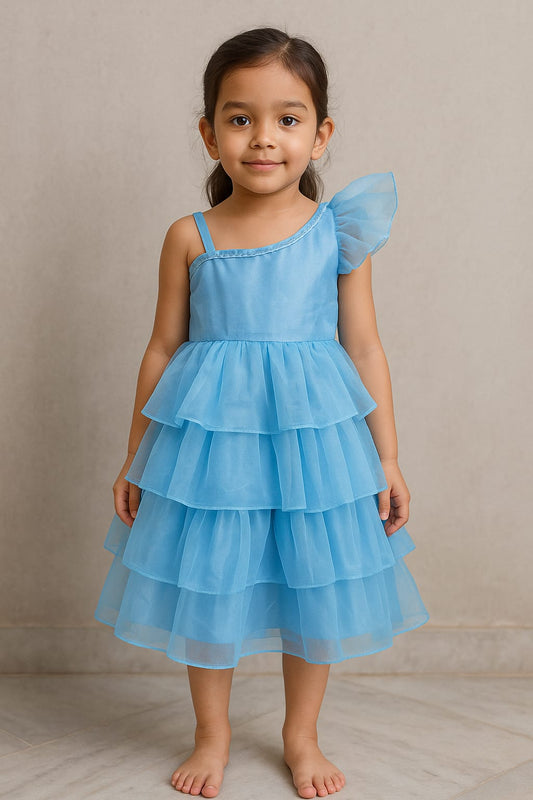 Grogoo-lifestyle Sky Blue Ruffled One-Shoulder Party Dress for Girls – School Function Costume
