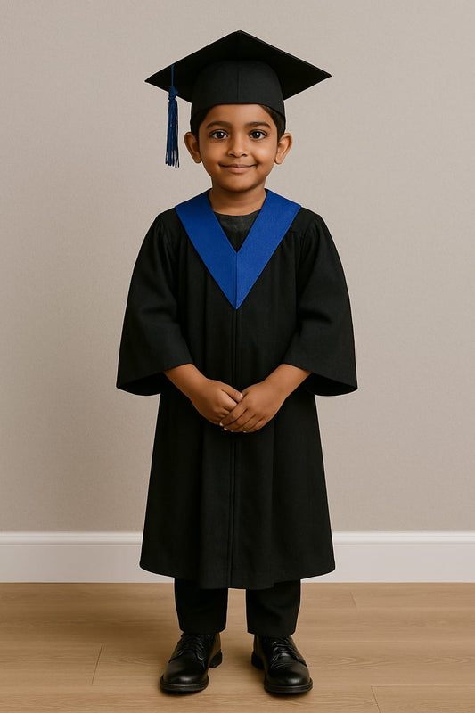Grogoo-Lifestyle Kids Graduation Convocation Gown Set – Black with Blue V-Stole & Cap