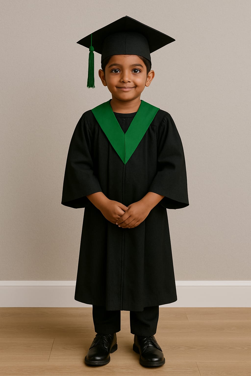 Grogoo-Lifestyle Kids Graduation Convocation Gown Set – Black with Green V-Stole & Cap