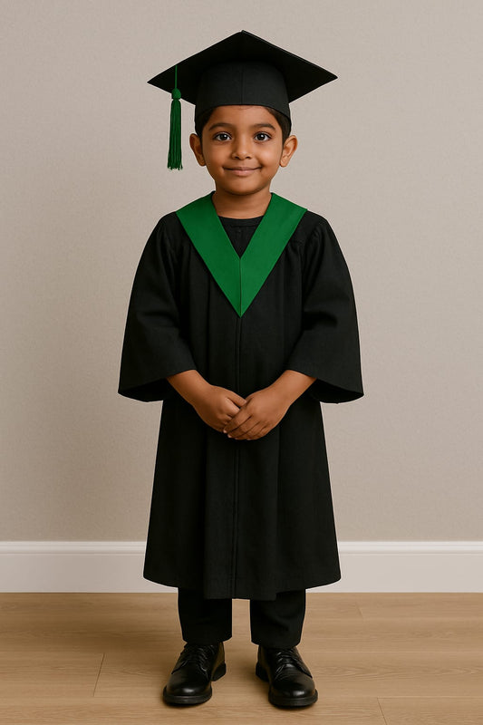Grogoo-Lifestyle Kids Graduation Convocation Gown Set – Black with Green V-Stole & Cap