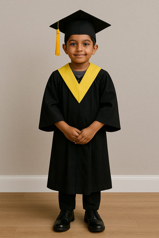 Grogoo-Lifestyle Kids Graduation Convocation Gown Set – Black with Yellow V-Stole & Cap