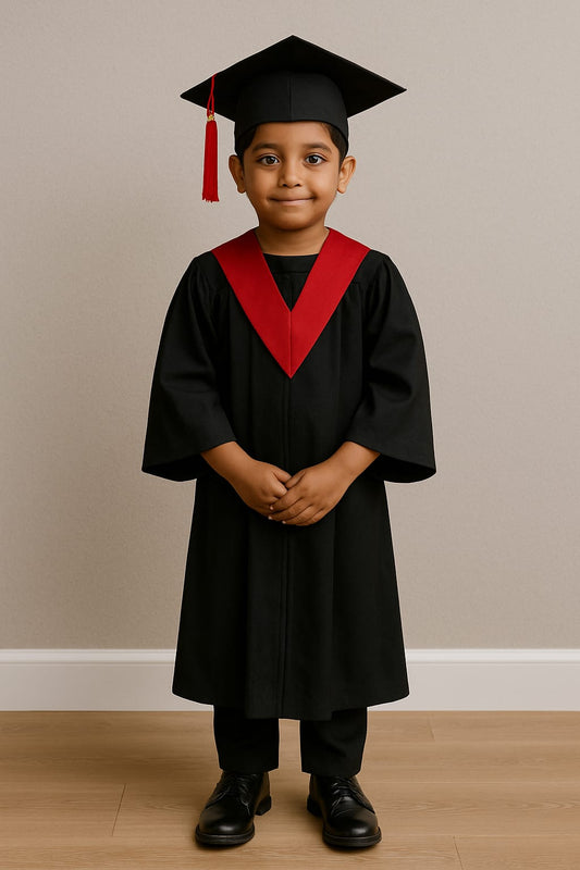 Grogoo-Lifestyle Kids Graduation Convocation Gown Set – Black with Red V-Stole & Cap