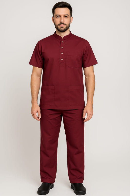 angerage Premium Scrub Set | Mandarian Collar | Unisex Scrub Set | Half Sleeves | Ideal For Health Care Professional | Color (Maroon) | Sizes (S-2XL)