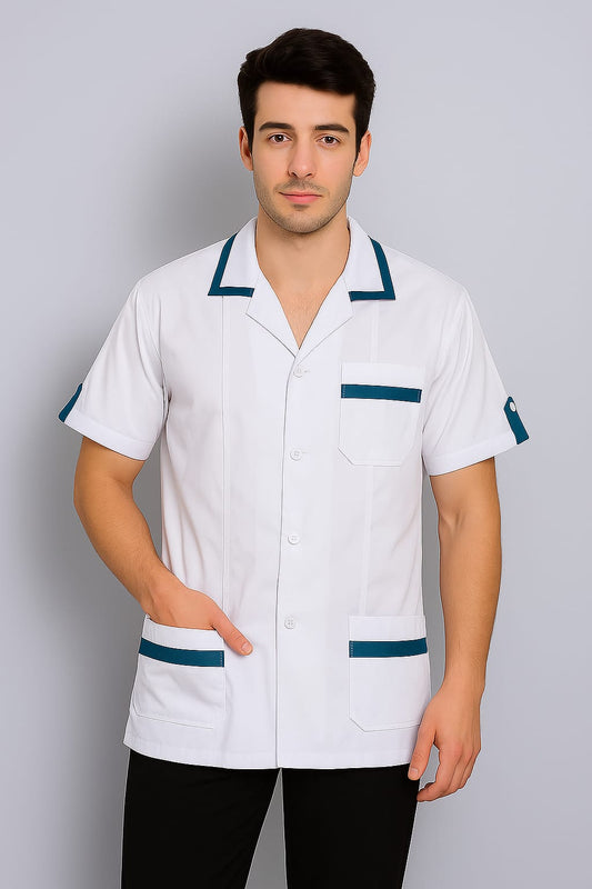 Hangerage White Staff Apron | Unisex_3-Pocket Apron | Half Sleeves | V Neck | style with Contrast sky blue Strip | Comfortable | Durable | Uniform for Medical Professionals (Staff & Nursing)