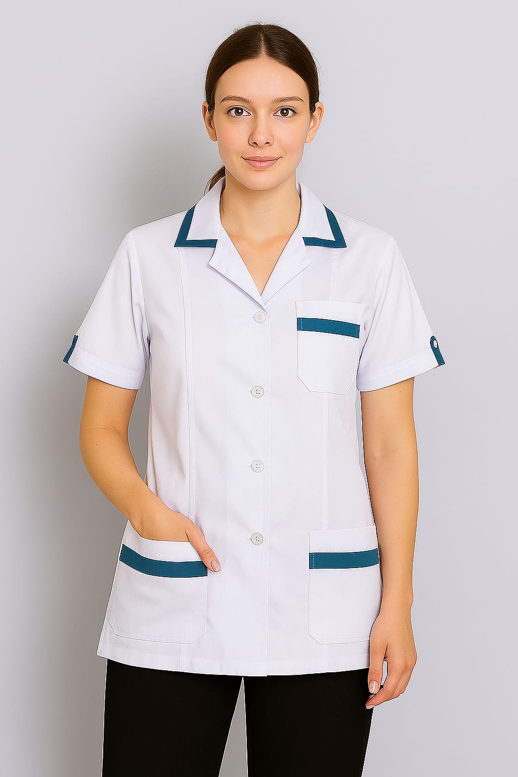 Hangerage White Staff Apron | Unisex_3-Pocket Apron | Half Sleeves | V Neck | style with Contrast sky blue Strip | Comfortable | Durable | Uniform for Medical Professionals (Staff & Nursing)