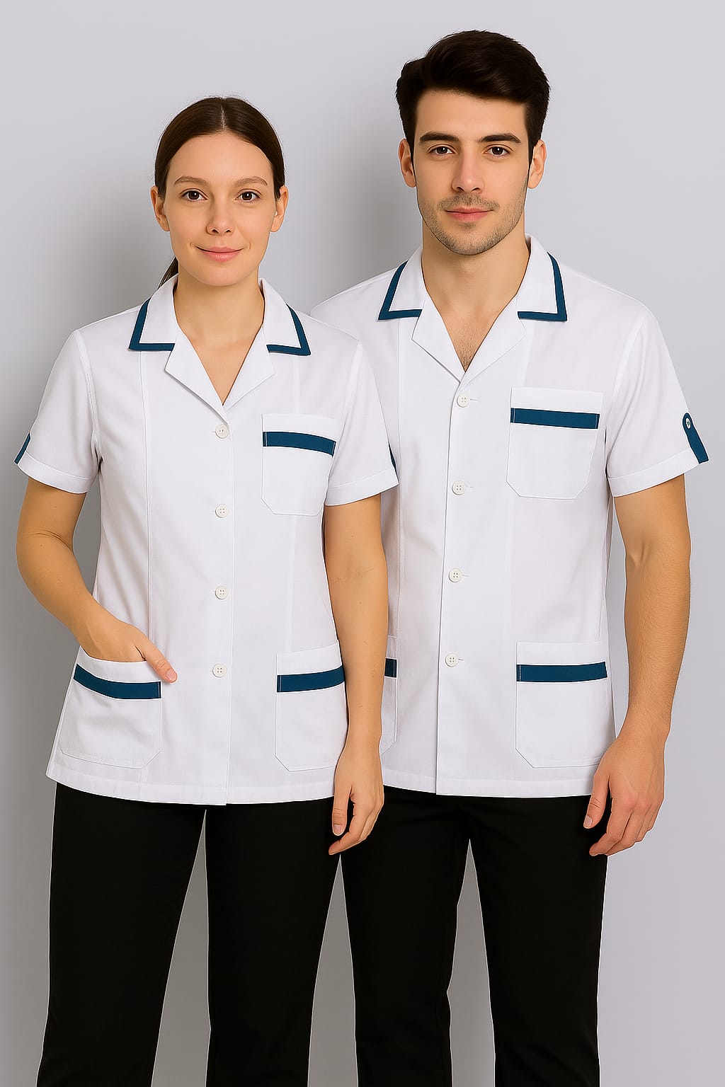 Hangerage White Staff Apron | Unisex_3-Pocket Apron | Half Sleeves | V Neck | style with Contrast sky blue Strip | Comfortable | Durable | Uniform for Medical Professionals (Staff & Nursing)
