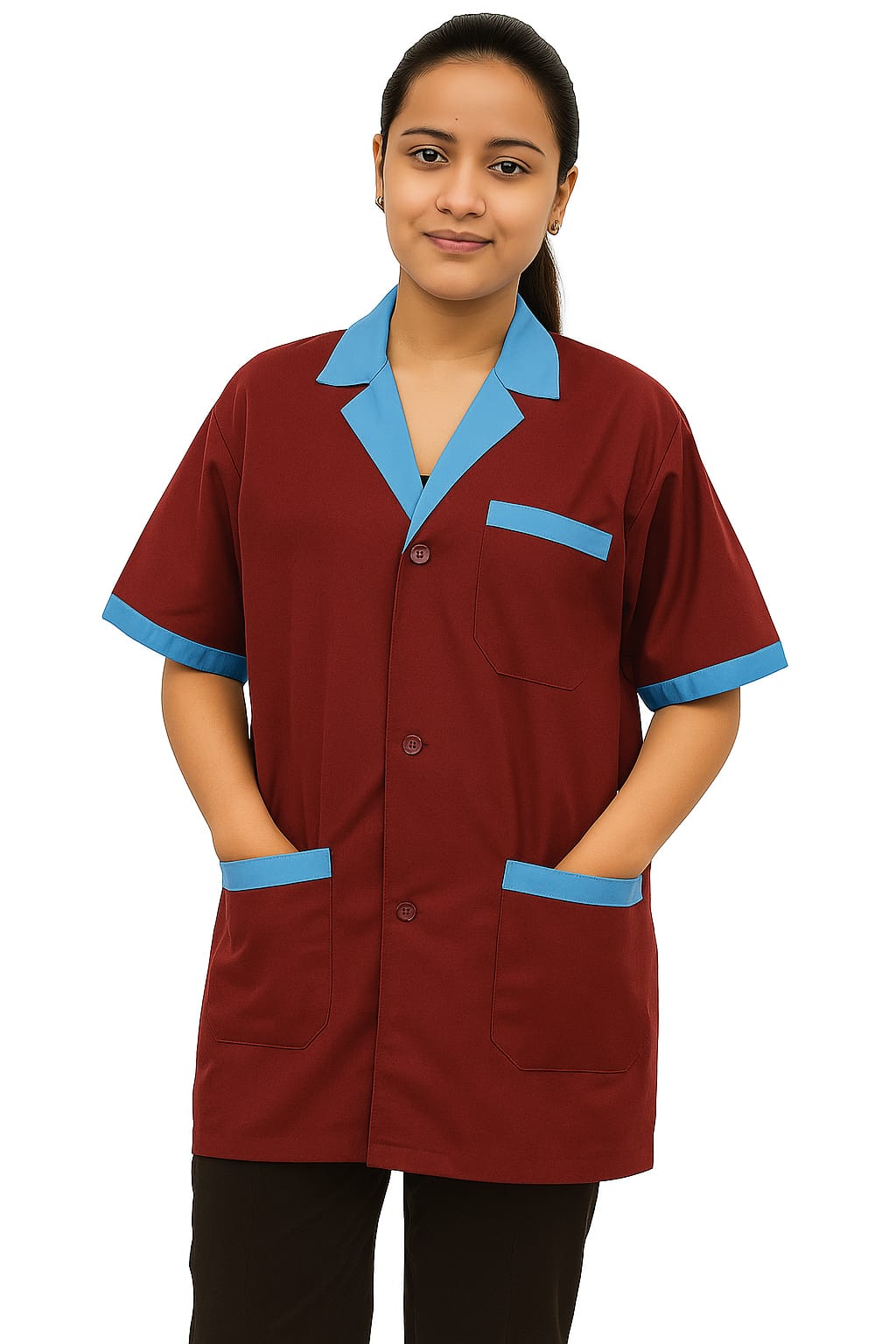 Hangerage Maroon Staff Apron | Unisex_3-Pocket Apron | Half Sleeves | V Neck | style with sky blue collar | Comfortable | Durable | Uniform for Medical Professionals (Staff & Nursing)