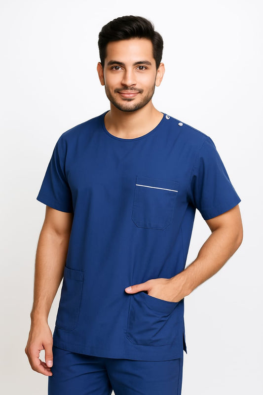 Hangerage Premium Scrub Set | Unisex Scrub Set | Half Sleeves | Round Neck with Shoulder Closure Buttons | Ideal For Health Care Professional | Color (Navy Blue) | Sizes (S-2XL)