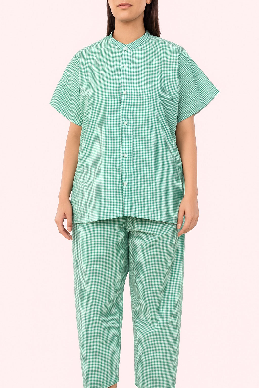 Hangerage Patient Kurta Pajama Set | Green Checkered Cotton | V-Neck Front Open | Free Size