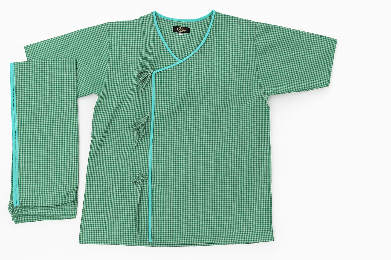 Hangerage Patient Kurta Pajama Set | Green Checkered Cotton | V-Neck with Tie-Up | Front Open | Free Size