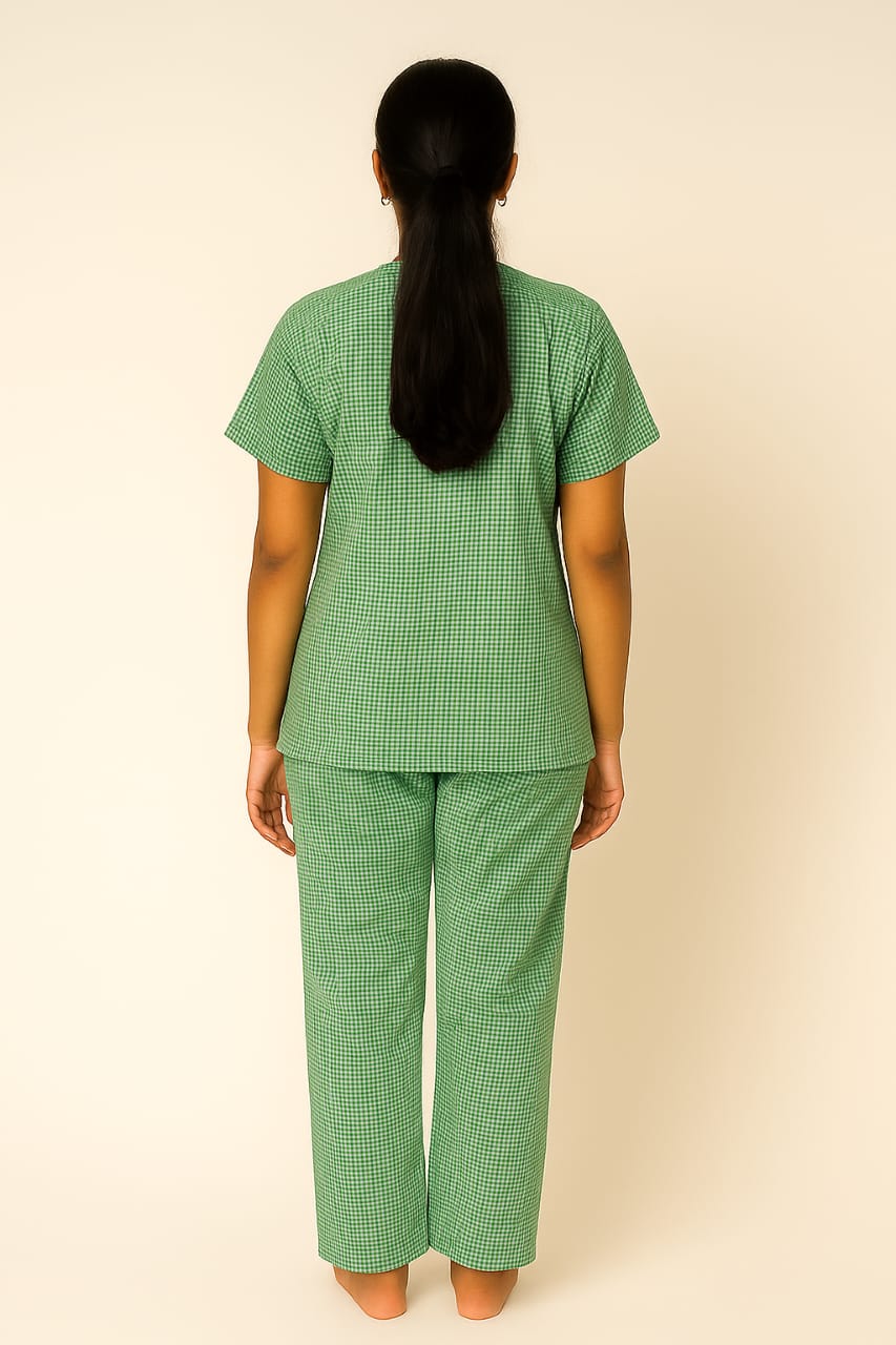 Hangerage Patient Kurta Pajama Set | Green Checkered Cotton | V-Neck with Tie-Up | Front Open | Free Size