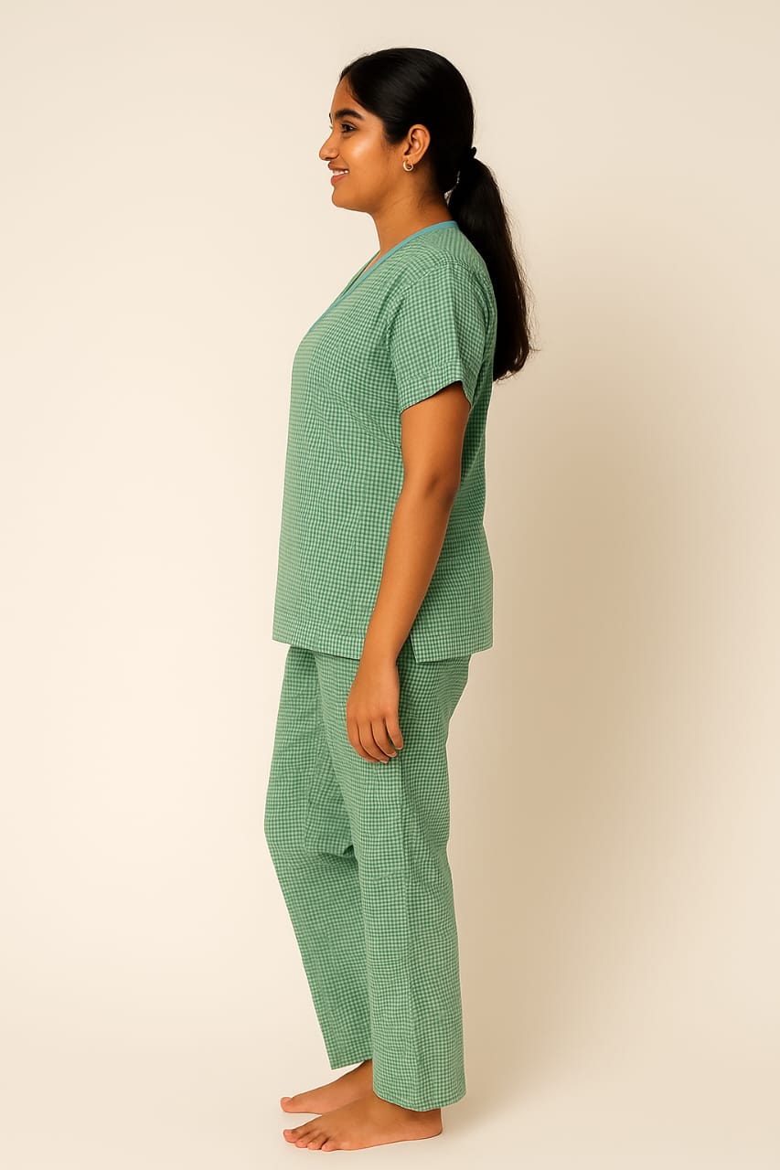 Hangerage Patient Kurta Pajama Set | Green Checkered Cotton | V-Neck with Tie-Up | Front Open | Free Size